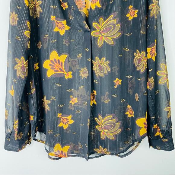 Loft black yellow floral stripe metallic semi sheer popover top medium - Picture 3 of 6